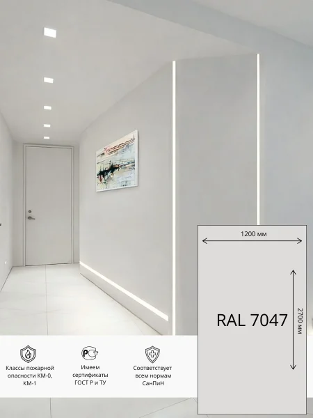 Стеновая панель ГКЛ Акрил Гипсоакрил   2700х1200 мм  RAL 7047 (Светло-серый)