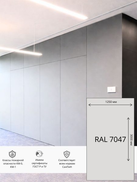 Стеновая панель ГСП HPL  1250х3000 мм RAL 7047 (Светло-серый)