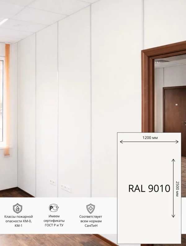 Стеновая панель ГКЛ Акрил Гипсоакрил   2500х1200 мм  RAL 9010 (Молочно-белый)
